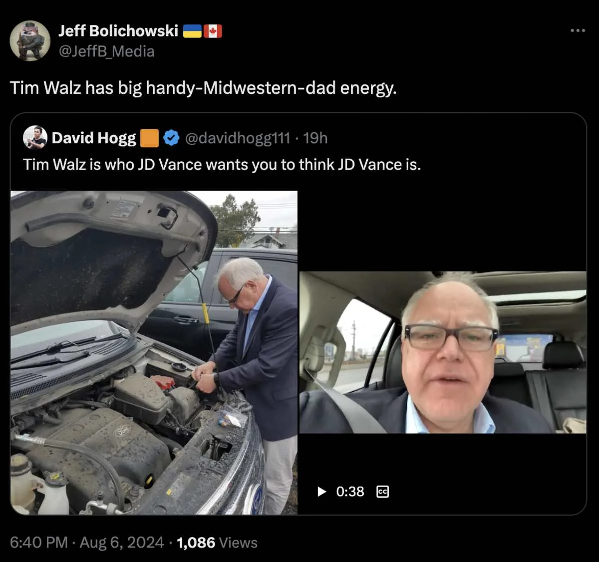 Tim Walz Dad Energy — Twitter screenshot of Tim Walz working on car engine celebrating Midwestern dad energy.