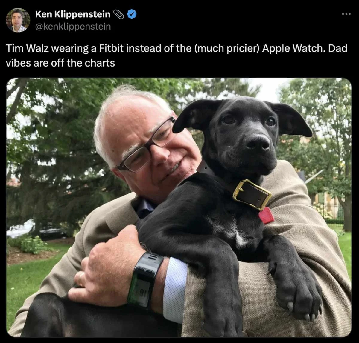 Tim Walz Dad Energy — Twitter post about Tim Walz wearing affordable Fitbit instead of Apple Watch practical dad vibes.