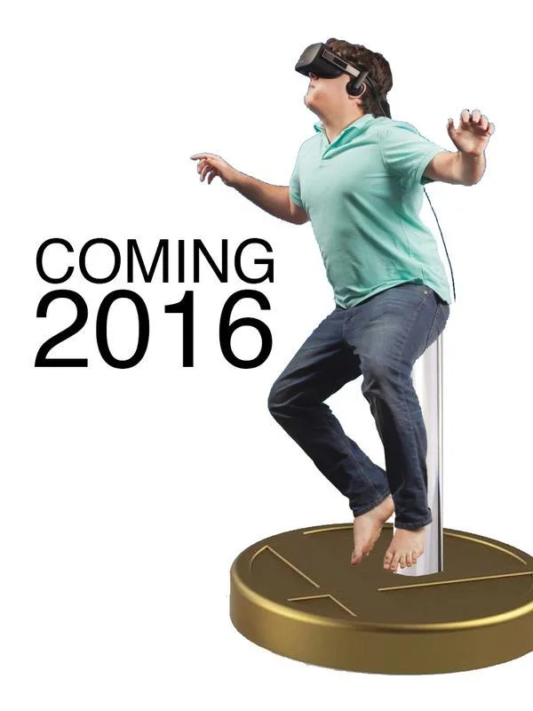 TIME's Virtual Reality Magazine Cover — Palmer Luckey Photoshopped onto a gold amiibo-style pedestal with the text 'Coming 2016.'