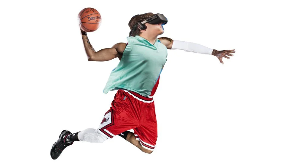 TIME's Virtual Reality Magazine Cover — Palmer Luckey's head Photoshopped onto a basketball player dunking in a Chicago Bulls uniform.