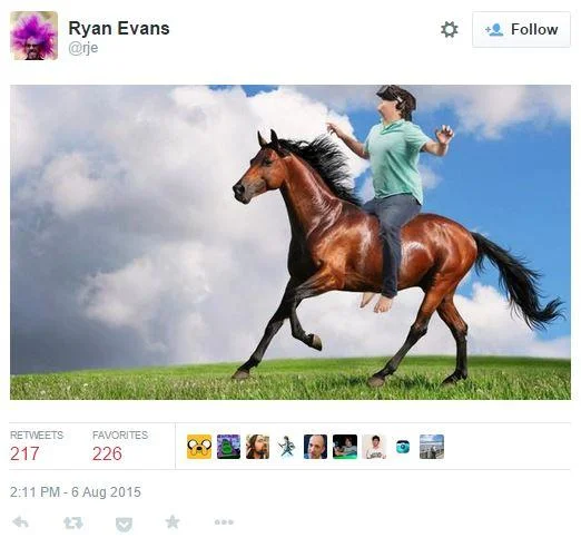 TIME's Virtual Reality Magazine Cover — Tweet by Ryan Evans featuring Palmer Luckey Photoshopped onto the back of a running horse.