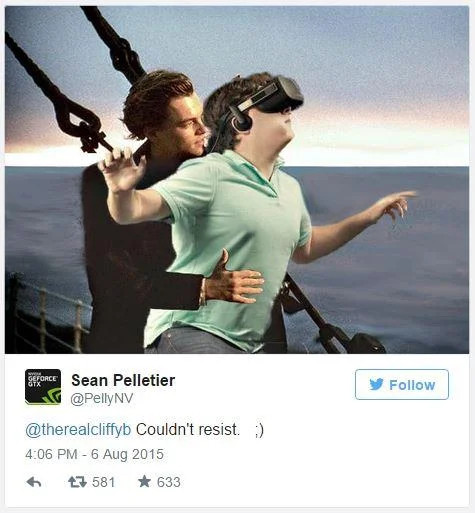 TIME's Virtual Reality Magazine Cover — Tweet showing Palmer Luckey Photoshopped into the Titanic 'I'm flying' scene with Jack Dawson behind him.