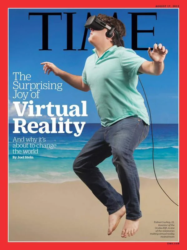 TIME's Virtual Reality Magazine Cover — Full Time magazine cover, August 17 2015, Palmer Luckey wearing an Oculus Rift headset and jumping barefoot on a beach.