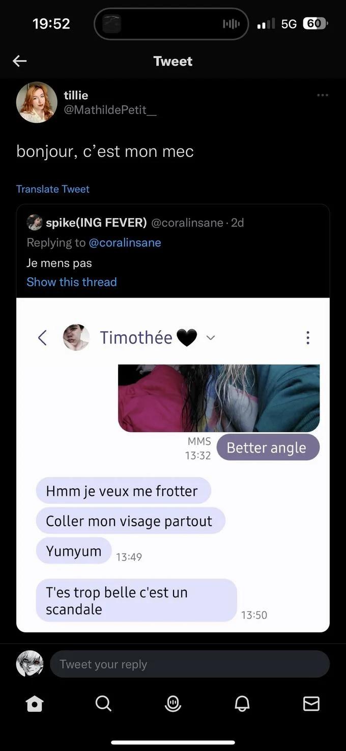 Timothee Yumyum — Twitter screenshot with tillie quoting a chat where Timothée sends 'Yumyum' messages