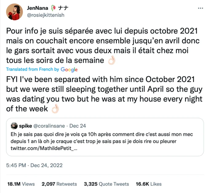 Timothee Yumyum — Tweet by @rosiejkittenish translated into English about being separated but still sleeping with Timothée