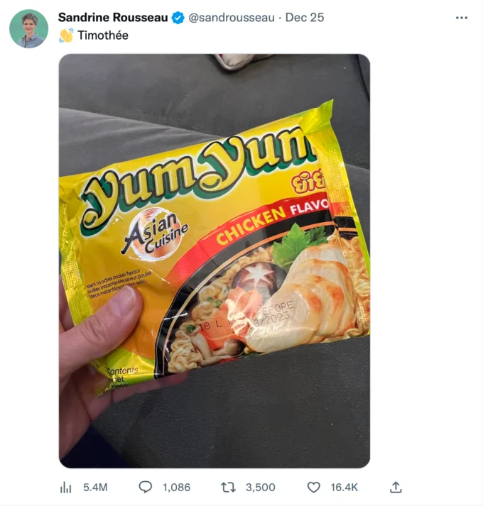 Timothee Yumyum — Tweet by Sandrine Rousseau greeting 'Timothée' with a photo of a Yum Yum instant noodle packet