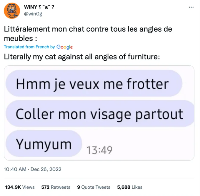 Timothee Yumyum — Tweet by @win0g using the Yumyum chat bubbles as a cat meme