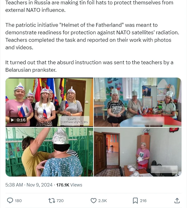 Tweet screenshot showing Russian teachers wearing tin foil hats as part of a 'Helmet of the Fatherland' initiative.