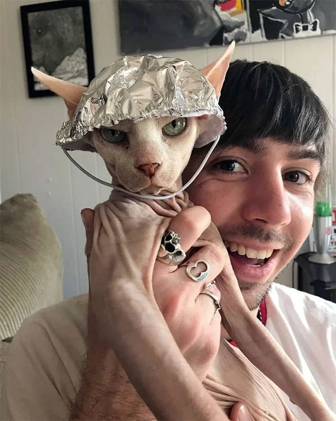 Tin Foil Hats — Man grinning while holding a Sphynx cat dressed in a tin foil hat.
