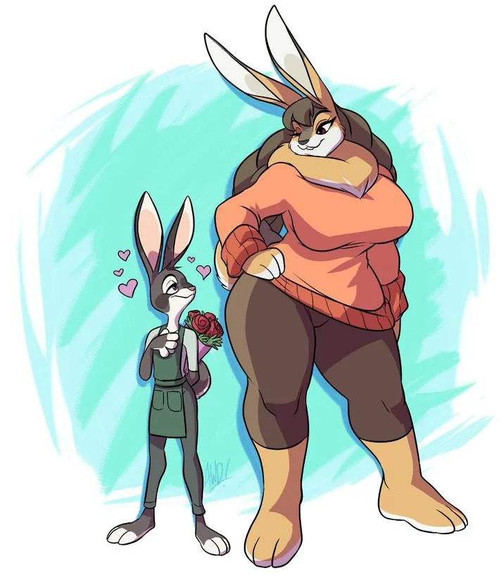 Tiny Rabbit Is Obsessed With Giant Girlfriend — Cartoon of small male rabbit with flowers looking up at a giant female rabbit