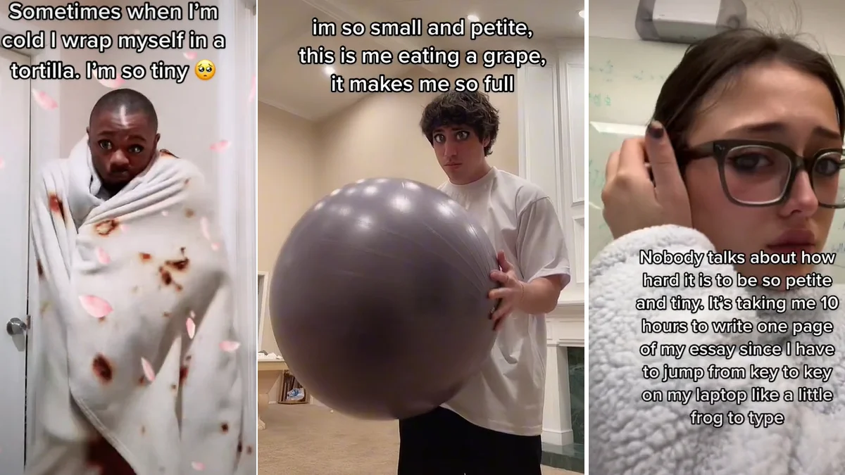 Tiny TikTok — Three-panel collage of TikTok videos with captions claiming the creators are small and petite, including a tortilla blanket, an exercise ball