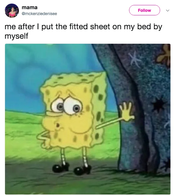 Tweet by DJ JAMZ using tired SpongeBob to joke about taking a strap off