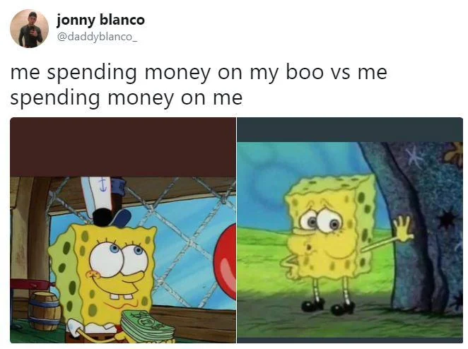 Comparison meme contrasting excited SpongeBob with money and tired SpongeBob over spending choices
