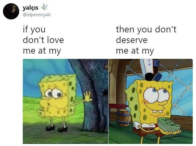 Tired SpongeBob — Comparison meme contrasting mall sweatshirt versus merch table sweatshirt using tired and excited SpongeBob