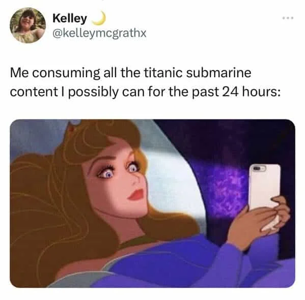 Titanic Sub Memes — Twitter screenshot expressing obsessive consumption of submarine-related meme content.