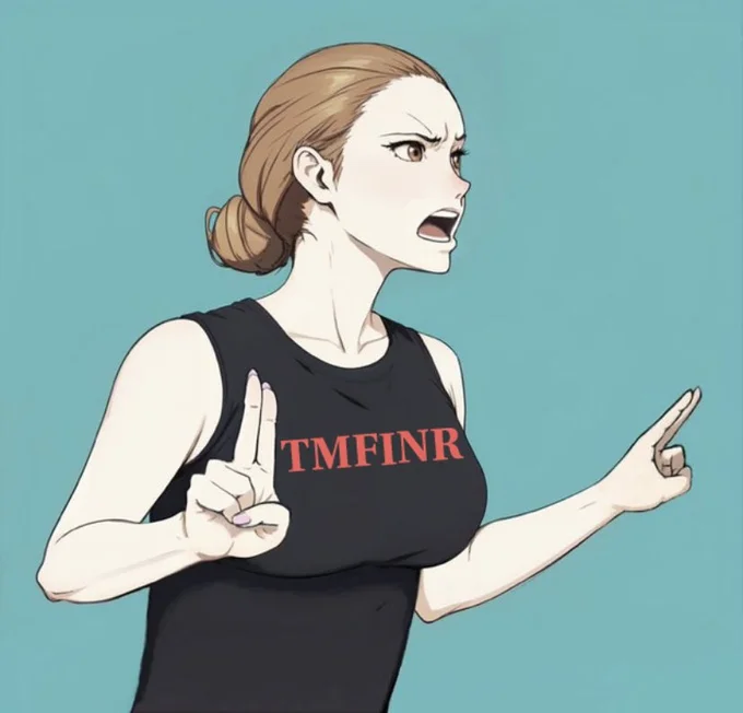 Square-cropped TMFINR illustration of a blonde anime woman pointing and shouting