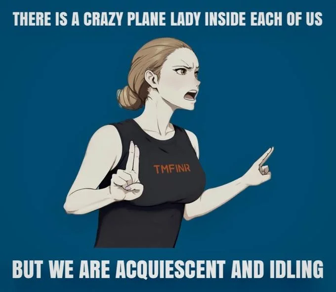 TMFINR illustration with text about a crazy plane lady being inside each of us