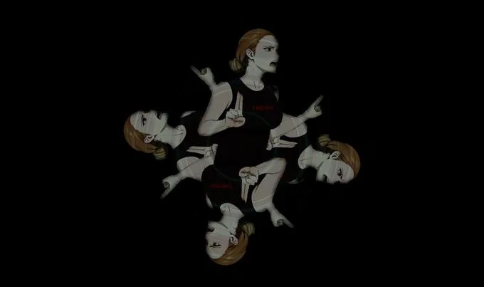 Four mirrored TMFINR character illustrations arranged kaleidoscopically on a black background