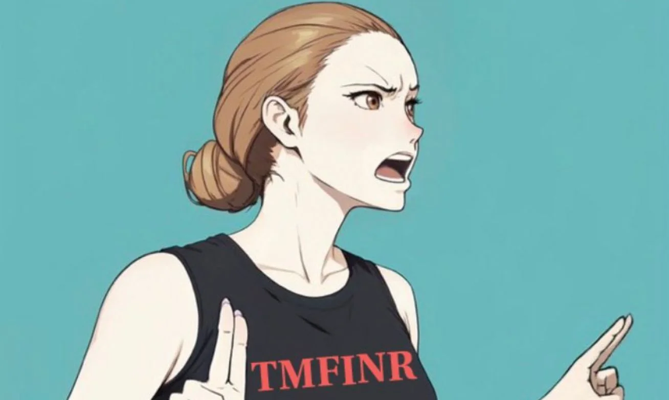 Anime-style angry blonde woman pointing and shouting, wearing a black tank top with red 'TMFINR' text