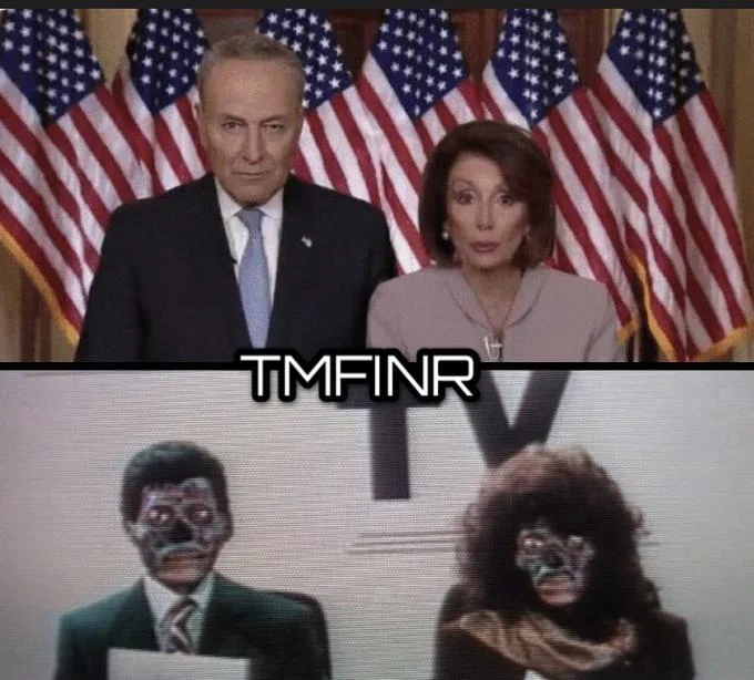 Split image of Schumer and Pelosi above They Live aliens with TMFINR caption