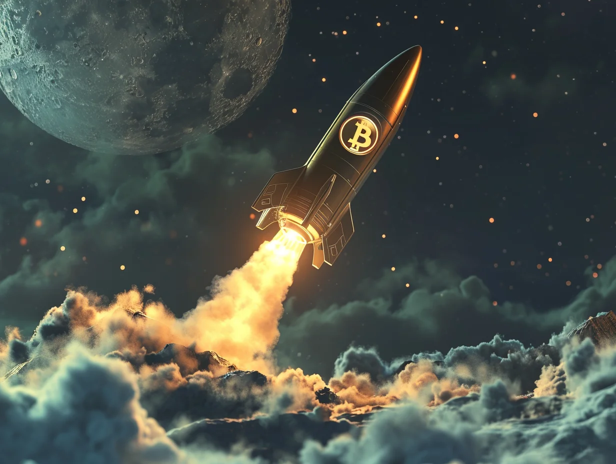 To The Moon — Golden rocket with Bitcoin symbol launches through clouds toward moon in starry sky.