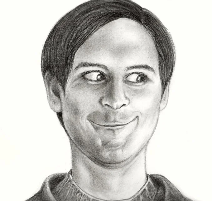 Tobey Maguire Face — Pencil drawing of Tobey Maguire smirking face