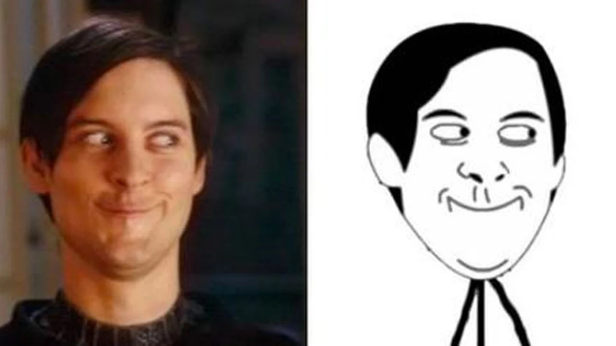 Tobey Maguire Face — Tobey Maguire smirking face next to its rage comic cartoon version