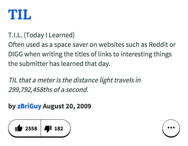 Today I Learned (TIL) — Know Your Meme TIL entry definition screenshot with upvote and downvote counts