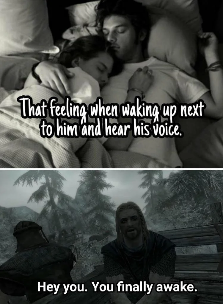 Toddroll/You're Finally Awake — Two-panel meme showing bed scene above and Skyrim opening with Ralof below.