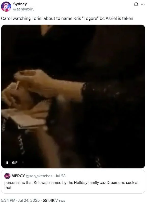 Togore Dreemurr — Twitter post joking that Toriel would name Kris 'Togore' since Asriel is taken.