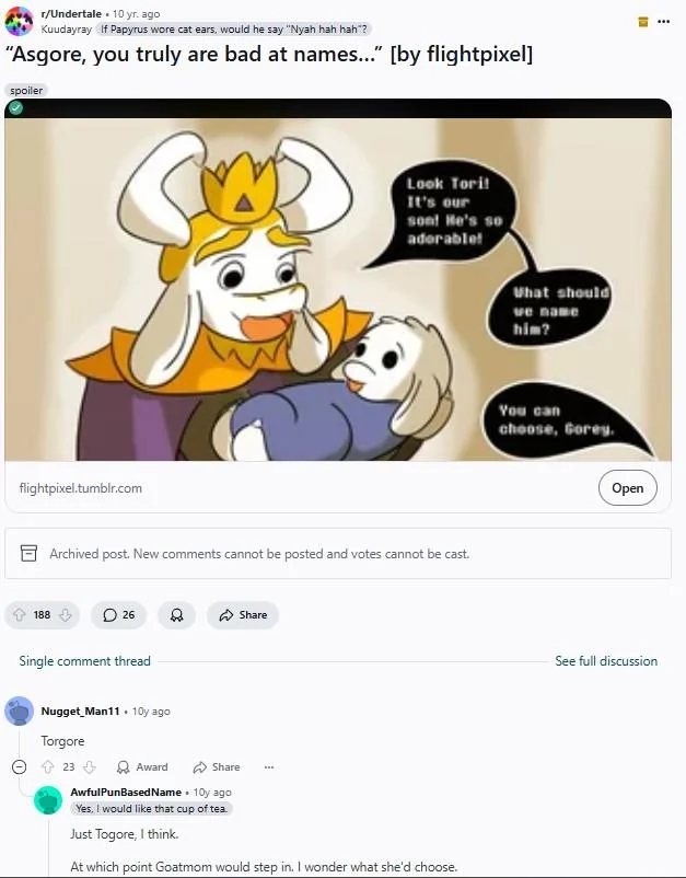Togore Dreemurr — Reddit post about Asgore being bad at naming his child, with comments suggesting 'Torgore'.