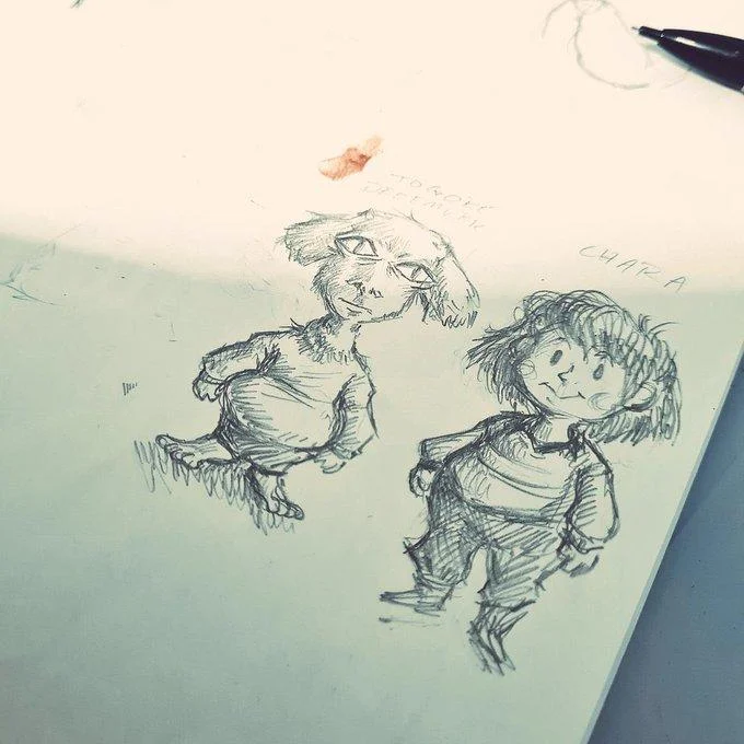 Pencil sketchbook drawing of Togore Dreemurr and Chara characters.