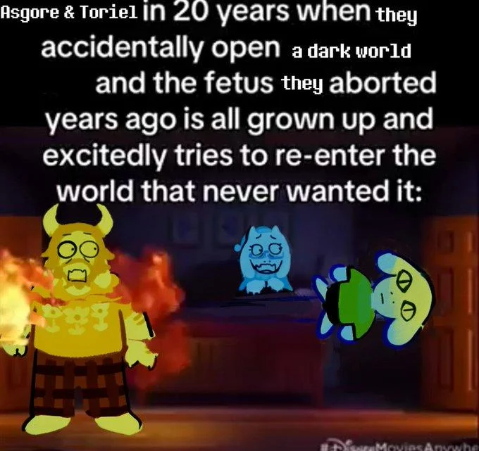 Edited Deltarune scene featuring Togore Dreemurr emerging as the aborted child of Asgore and Toriel.
