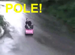 Tokyo Drift In A Barbie Car — Man drifting with yellow POLE text overlay identifying crash object.
