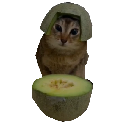 Tole Tole Cat — Cutout of a brown tabby cat wearing a melon rind as a hat, sitting behind the halved melon