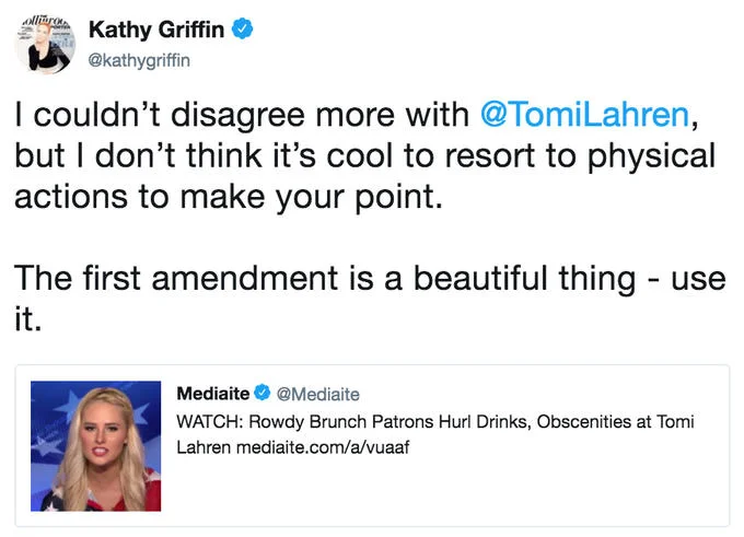 Kathy Griffin tweet defending Tomi Lahren's free speech after a drink-throwing incident