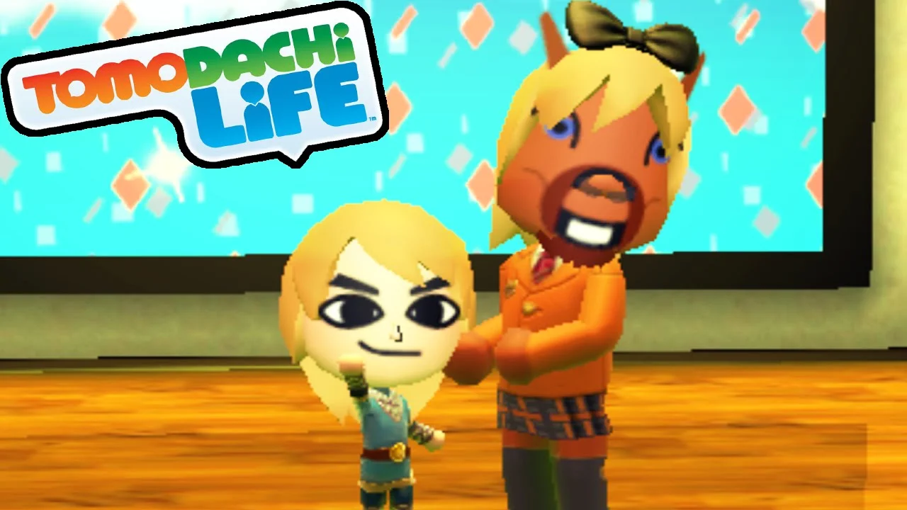 Link-styled Mii next to a distorted horse-faced Mii with Tomodachi Life logo