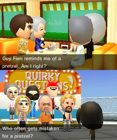 Two Tomodachi Life screenshots joking about Guy Fieri being mistaken for a pretzel