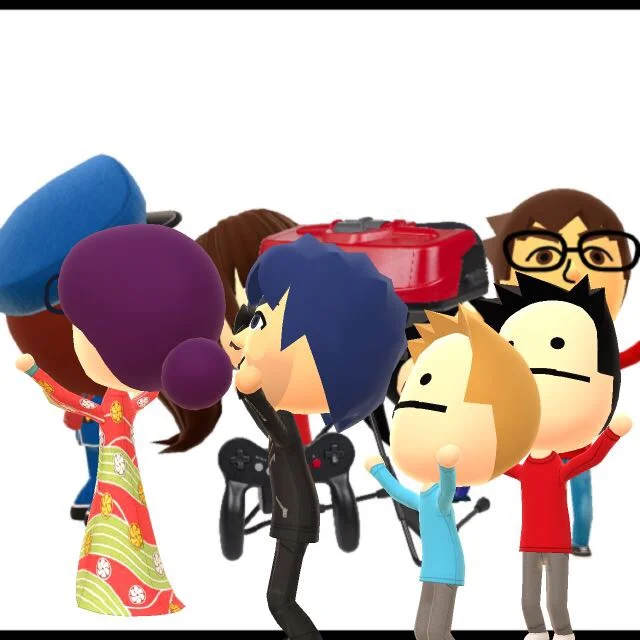 Tomodachi Life — Group collage of various Mii characters including kimono-wearing and bespectacled Miis around a Virtual Boy