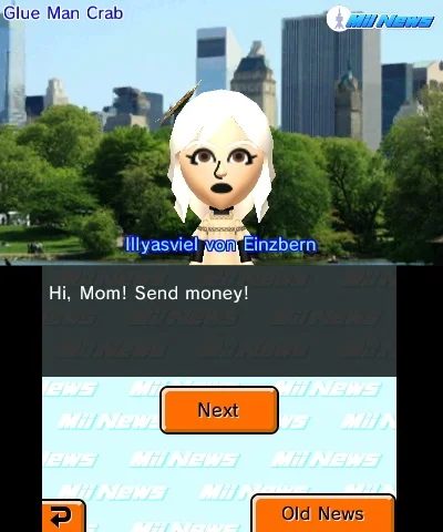 Tomodachi Life Mii News screenshot showing character Illyasviel von Einzbern with text 'Hi, Mom! Send money!'