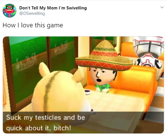 Twitter screenshot showing a Tomodachi Life Mii with a sombrero and a profane dialogue caption