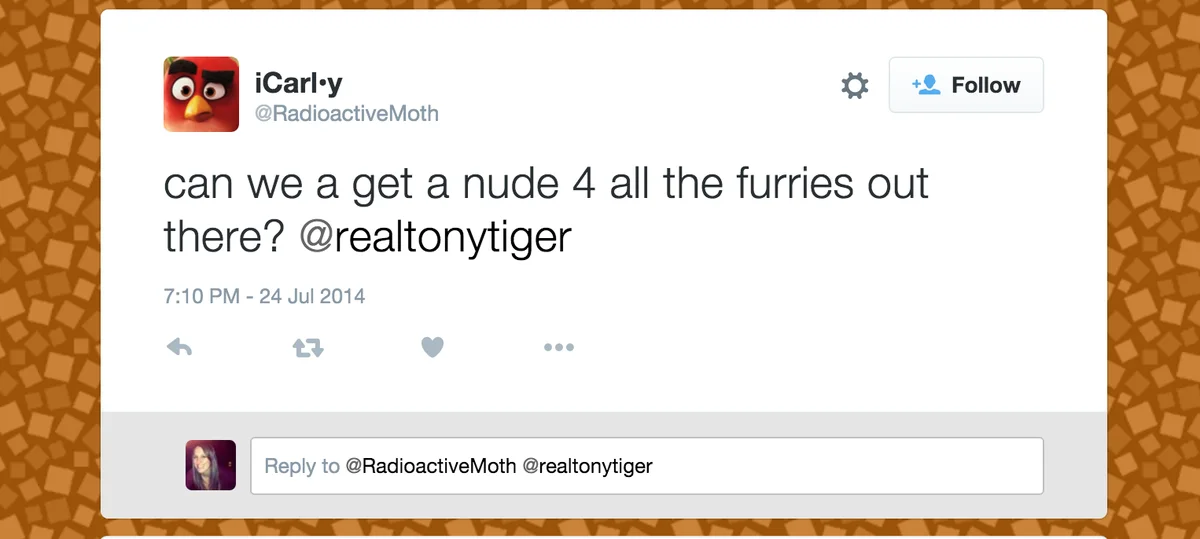 #TonyTigerGate — Screenshot of the 'blocked from @realtonytiger' Twitter notice with a user questioning if Tony blocked all furries.