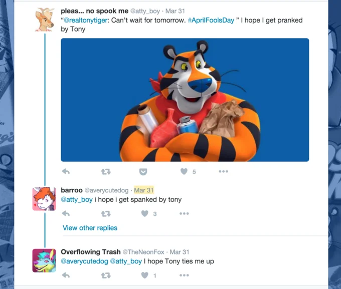 #TonyTigerGate — Twitter screenshot of user @xandreadiaazz tweeting 'Send dick pics @realtonytiger' on August 24, 2015.