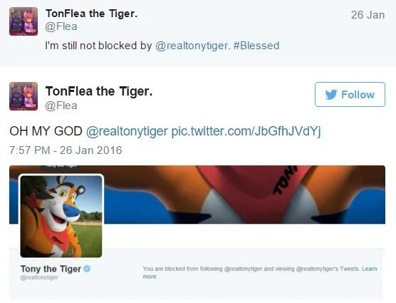 #TonyTigerGate — Alternate framing of @RadioactiveMoth's tweet requesting a nude from @realtonytiger, with orange background.