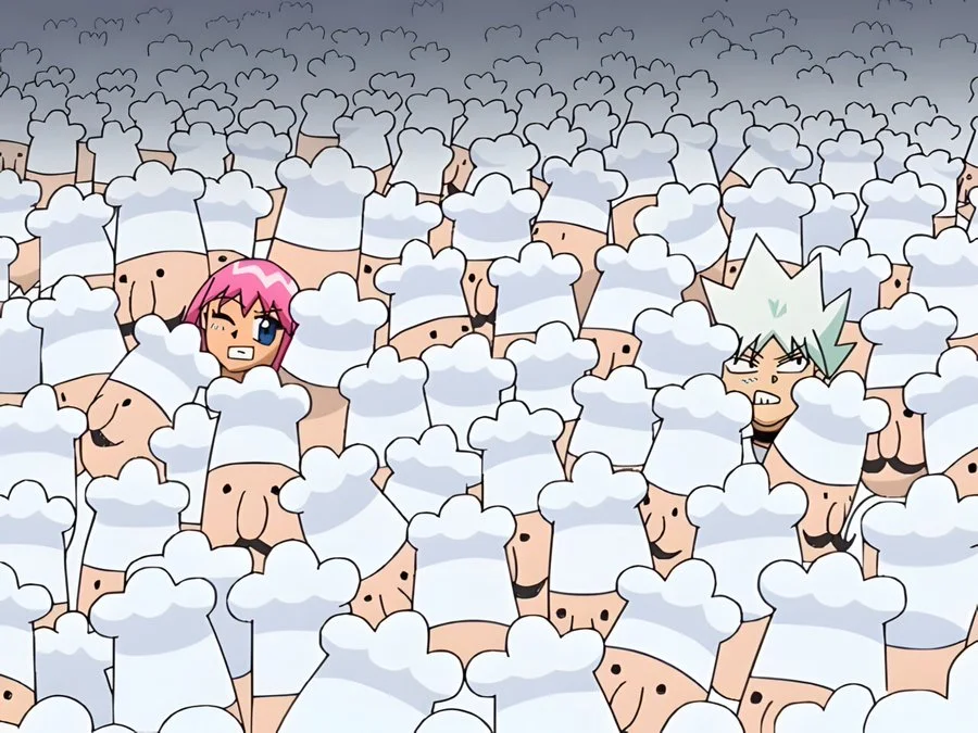 Too Many Cooks — Anime illustration of two characters surrounded by a crowd of nearly identical chefs in white hats.