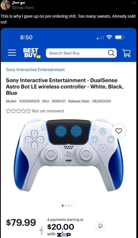 Best Buy listing for the Astro Bot DualSense controller tweeted with a 'too many sweats' caption about preorders.