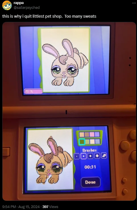 Nintendo DS Littlest Pet Shop game screen with a crying bunny, tweeted with 'too many sweats' caption.