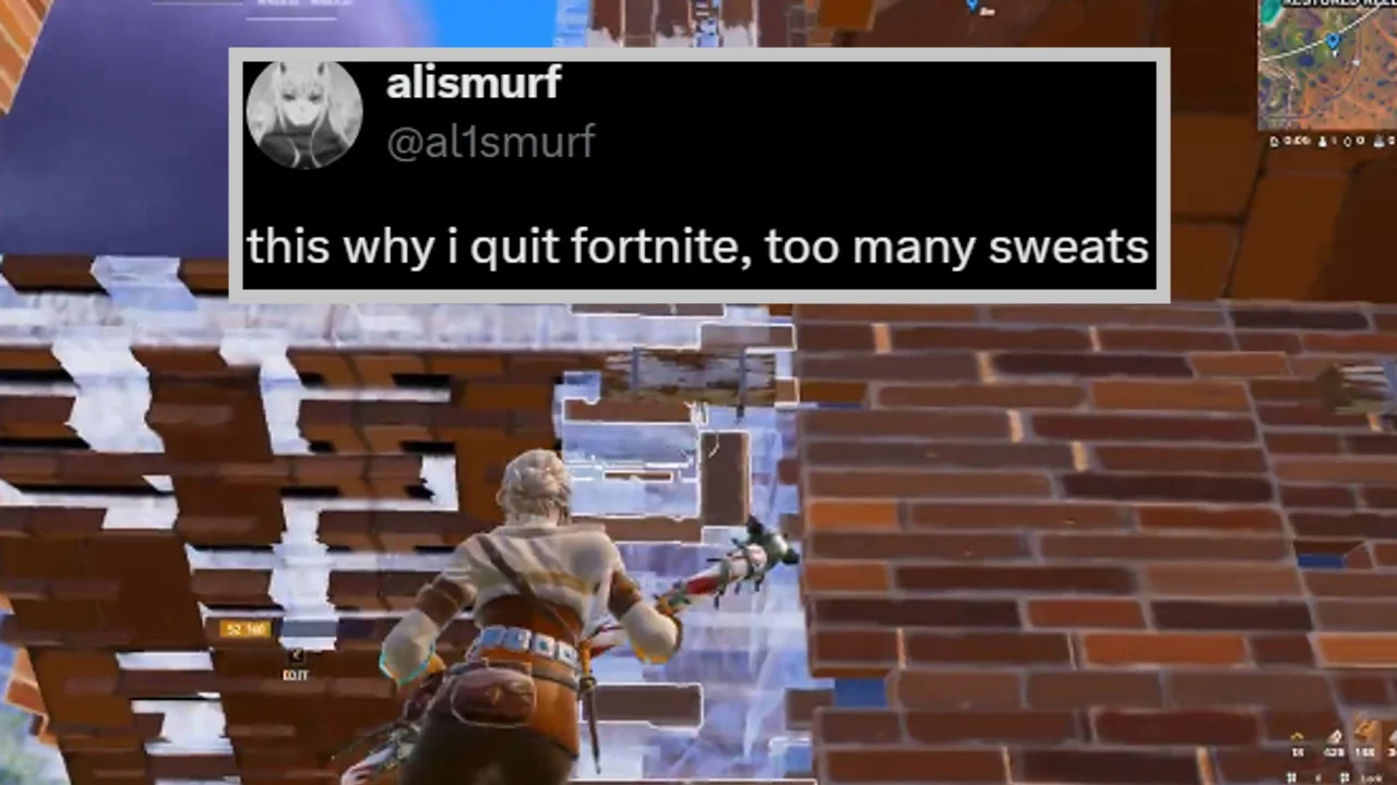 Fortnite gameplay screenshot with an @al1smurf tweet saying 'this why i quit fortnite, too many sweats'.