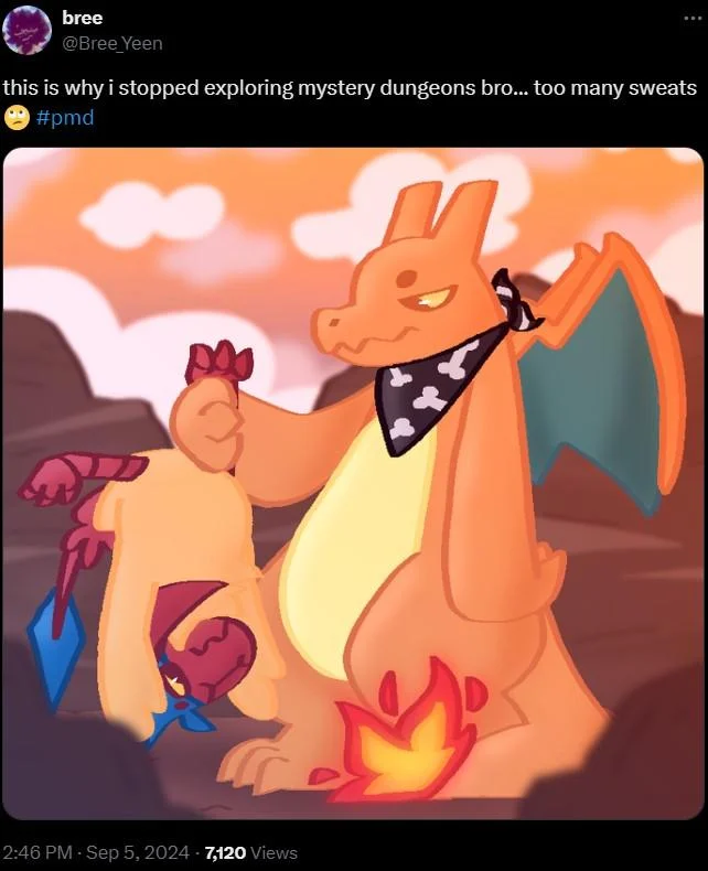 Tweet with Pokémon Mystery Dungeon fan art of Charizard and Combusken captioned 'too many sweats'.
