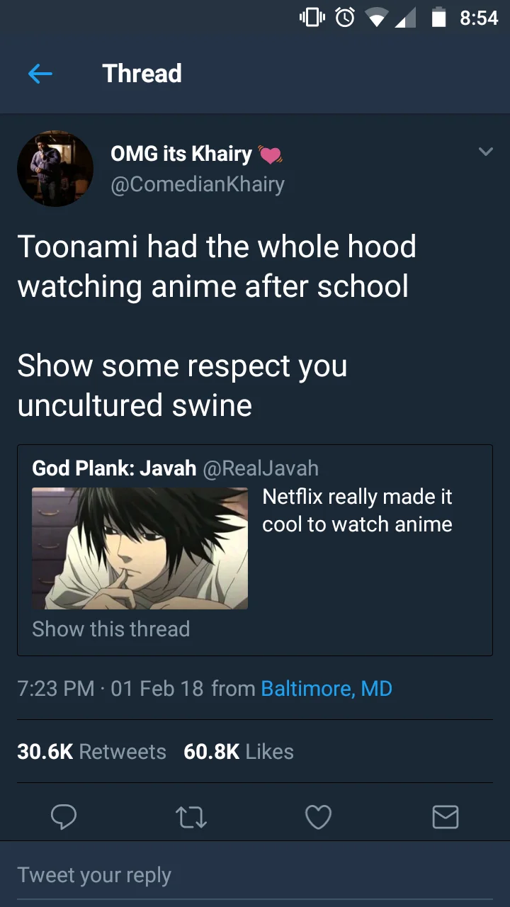 Twitter screenshot defending Toonami's role in popularizing anime